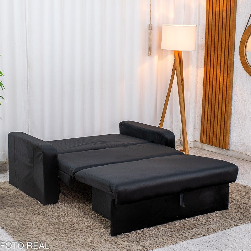 Sofá Cama Daiane Veludinho Preto 379/451 com Baú - 1,40m