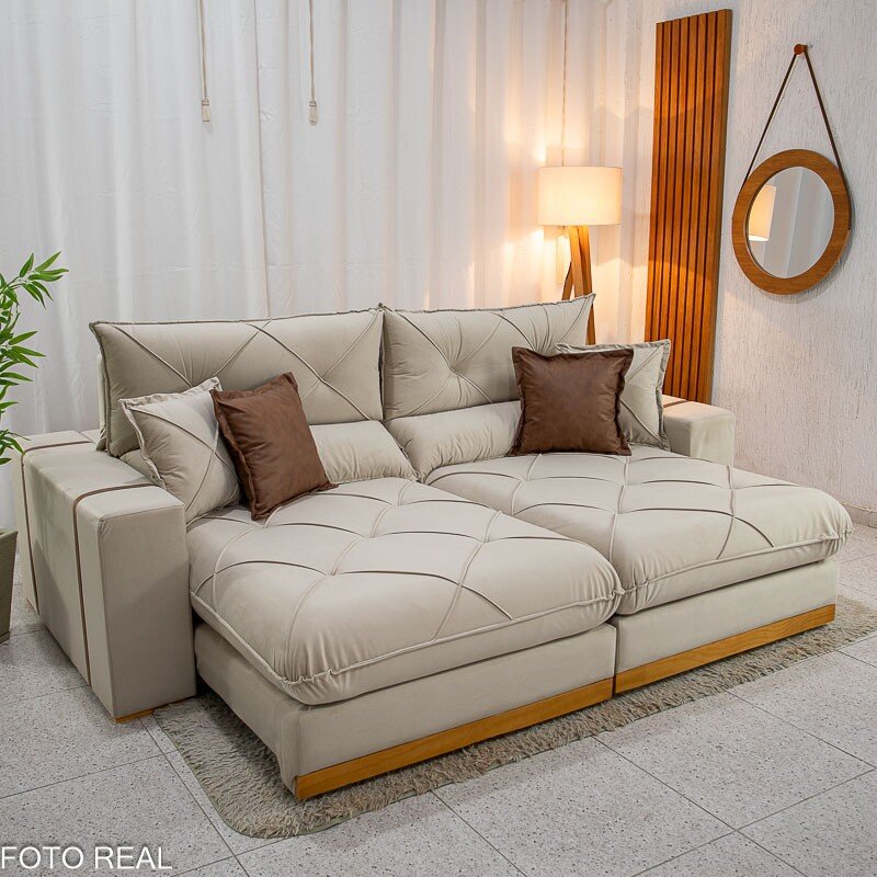 Sofá Retrátil Reclinável Gran Bello 2,30m Veludo Bege - Molas Ensacadas Pocket