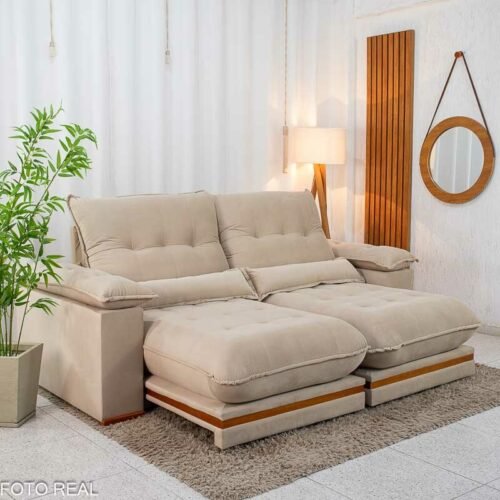 Sofá Retrátil Reclinável Ibis 2,50m Veludo Bege 827 - D33 e Molas Ensacadas
