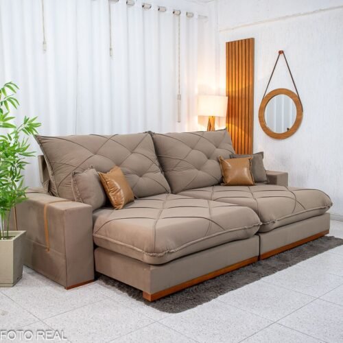 Sofá Retrátil Reclinável Malibu 2,90m Veludo Capuccino 828 - D33 e Molas Ensacadas