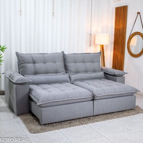 Sofá Retrátil Reclinável Zara 2,50m Linho Cinza 1008 - Molas Ensacadas