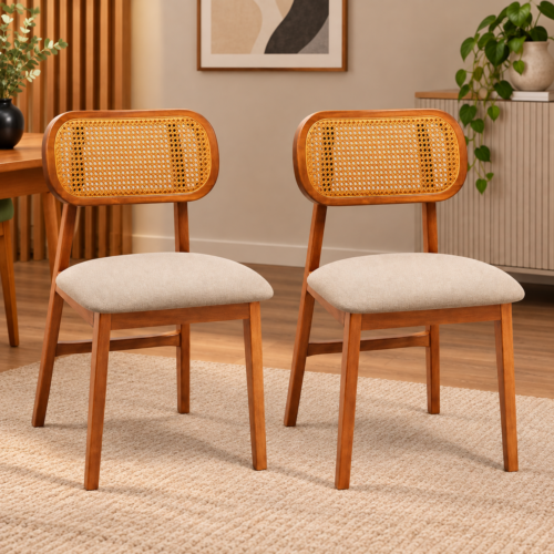Conjunto 2 Cadeiras KR 114 em Madeira Maciça e Encosto em Rattan - Chenile Linho