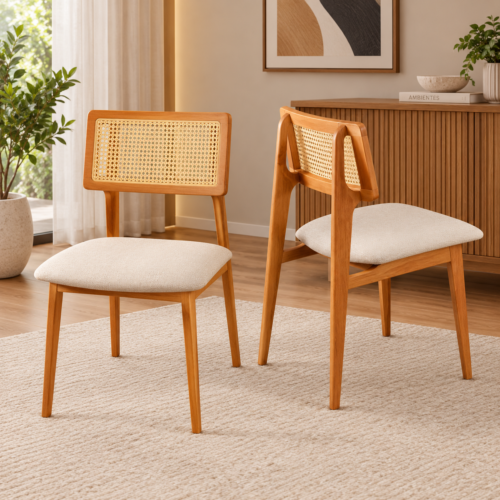 Conjunto 2 Cadeiras KR 112 em Madeira Maciça e Encosto em Rattan – Chenile Linho