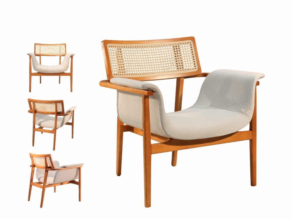 Poltrona KR 066 em Madeira Maciça com Encosto Rattan - Chenile Linho - Imagem 3