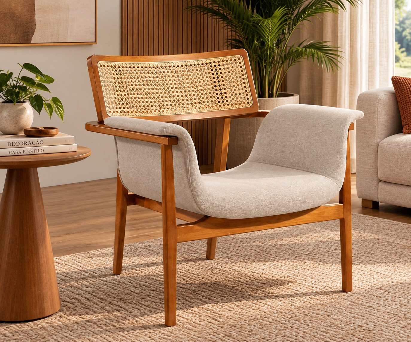 Poltrona KR 066 em Madeira Maciça com Encosto Rattan - Chenile Linho