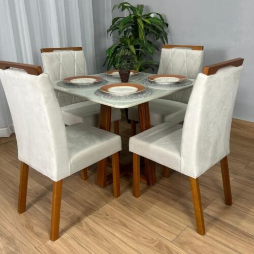 Mesa de Jantar Bali 90x90 Com 4 Cadeiras Isa - Cinamomo/Off White/Bege Veludo