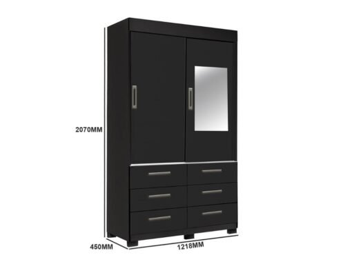 Guarda-Roupa Buzios 2 portas de correr com espelho 6 gavetas - Preto - Imagem 2