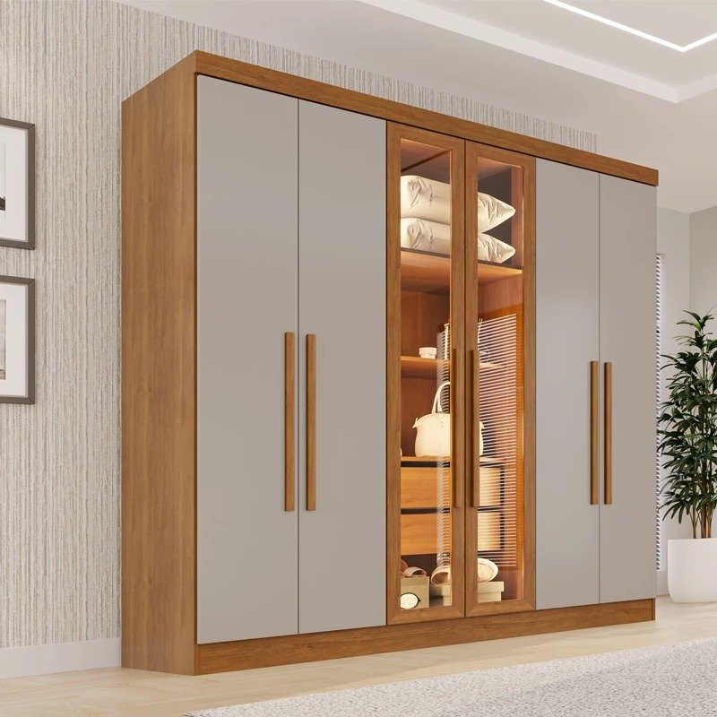 Guarda-Roupa Vision 6 Portas 2 Gavetas LED e Vidro Reflecta 1.80m - Cinamomo/Off White