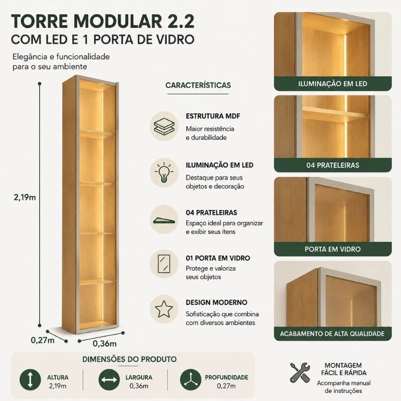 Torre Modular c/ Led Vidro reflecta + Bancada Tucumã + Painel Slim c/Prateleira 55" e Led 2.16m - Nature/Off White - Imagem 2