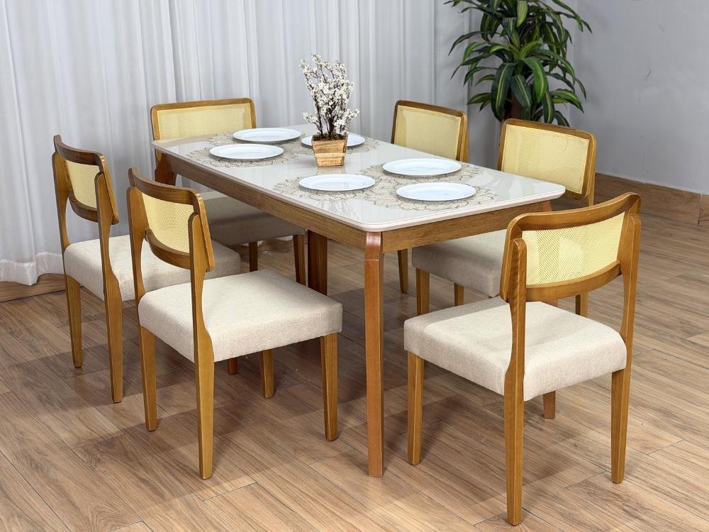 Mesa de Jantar Alegra c/Vidro 1.60x0.80 c/6 Cadeiras Fortaleza - Cinamomo/Off White/Bege Linho - Imagem 2