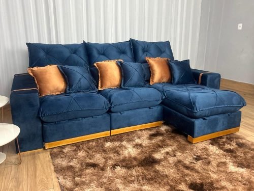 Sofá Retrátil Reclinável Pleno 3 Módulos 3.20m - Azul Veludo - Imagem 3