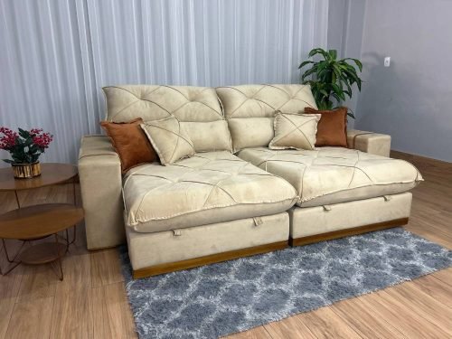 Sofá Retrátil Reclinável Pleno 2.30m - Bege Veludo