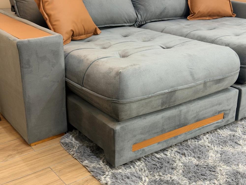 Sofá Retrátil e Reclinável Apollo Molas Ensacadas 2.50m - Cinza Veludo /Courino Marrom - Imagem 7