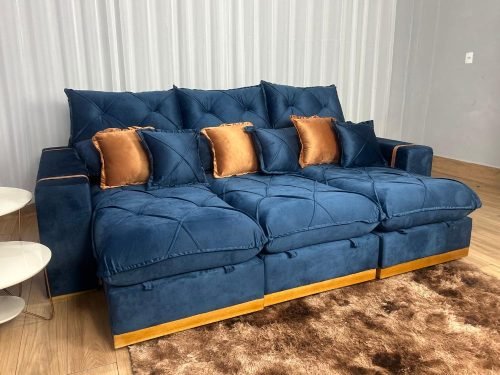 Sofá Retrátil Reclinável Pleno 3 Módulos 3.20m - Azul Veludo