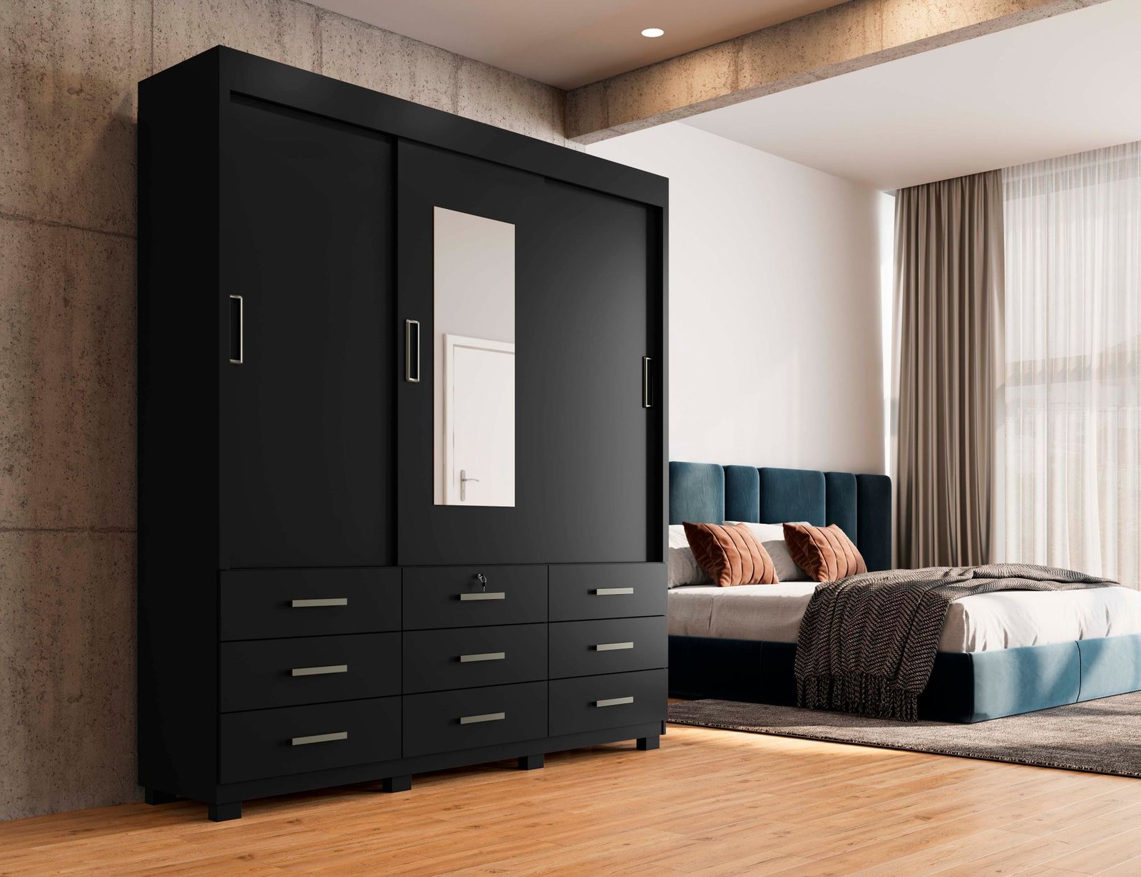 Guarda-Roupa Itapema II 3 portas de correr com espelho 9 gavetas- Preto