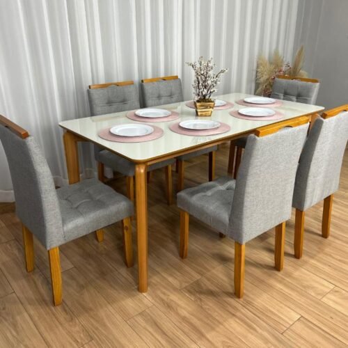 Mesa de Jantar Veneza 1.80x0.90 c/6 Cadeiras Londres - Cinamomo/Off White/Cinza Linho