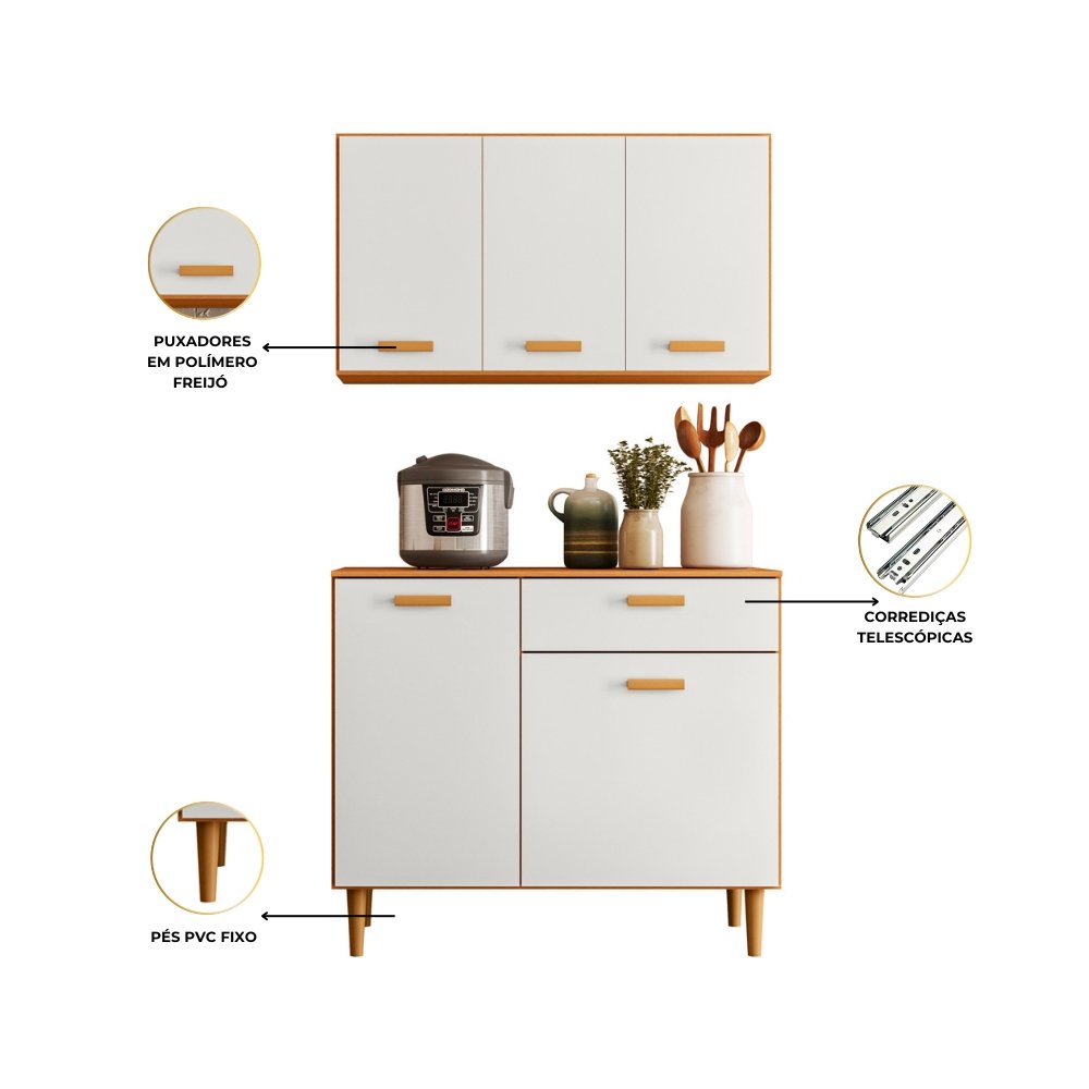 Armário de Cozinha Kit Ester Balcão+Aéreo 0,91m - Freijó/ Off White - Imagem 3