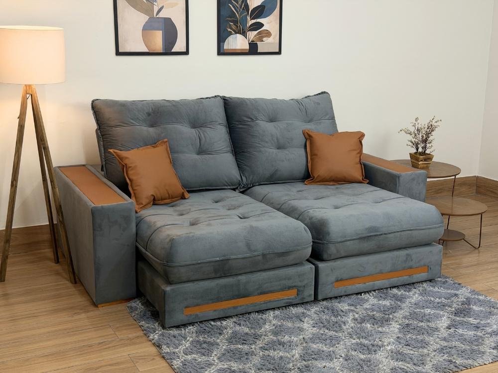 Sofá Retrátil e Reclinável Apollo Molas Ensacadas 2.30m - Cinza Veludo /Courino Marrom