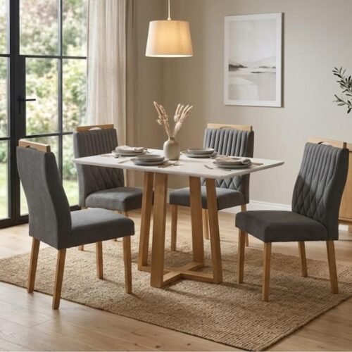 Mesa de Jantar Pedro 1.20x0.80 Com 4 Cadeiras Genova  - Cinamomo/Off White/Cinza