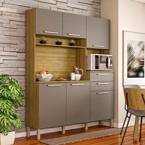 Kit de Cozinha Montesa 06 Portas 02 Gavetas 1,60m - Freijo/Gris
