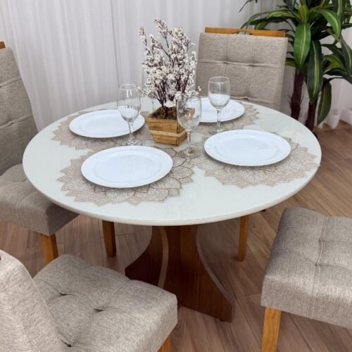 Alternative view of Mesa de Jantar Siena Circular 1.00x1.00m c/4 Cadeiras Londres - Cinamomo/Off white/Bege Linho