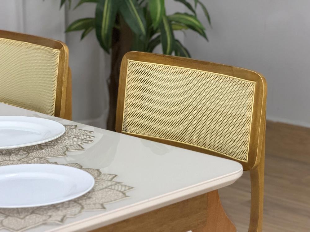 Mesa de Jantar Alegra c/Vidro 1.60x0.80 c/6 Cadeiras Fortaleza - Cinamomo/Off White/Bege Linho - Imagem 5