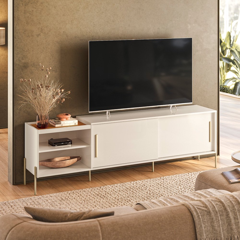 Bancada Maré 2 Portas Deslizantes c/Bandeja Integrada 1.89m 65" - Cinamomo/Off White