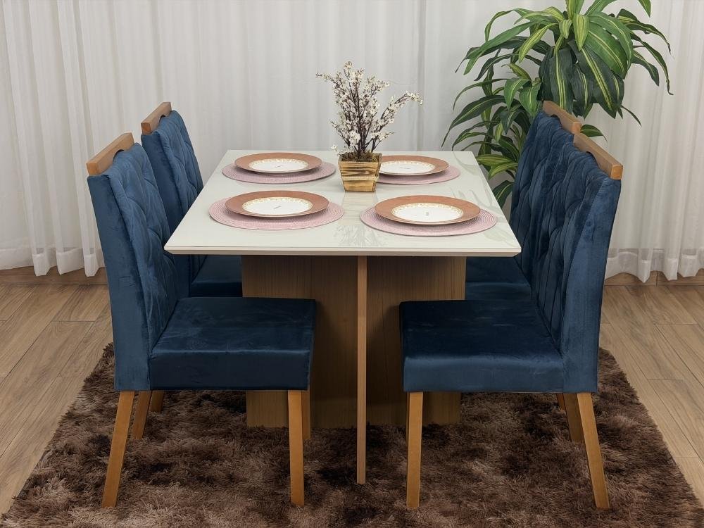 Mesa de Jantar Helo 1.20x0.90 Com 4 Cadeiras Jasmim - Freijó/Off White/Azul Veludo - Imagem 6