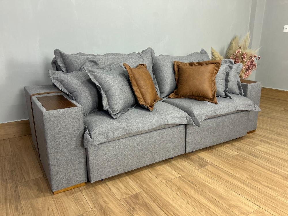 Sofá Cama Retrátil Reclinável Gabriela 2,30m - Cinza Linho/Marrom Courino - Imagem 5