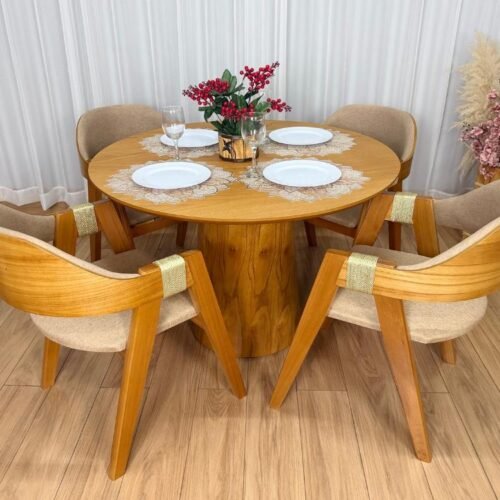 Alternative view of Mesa de Jantar Paris Circular 1.10x1.10 c/4 Cadeiras Ravena - Cinamomo Laminado/Bege Linho