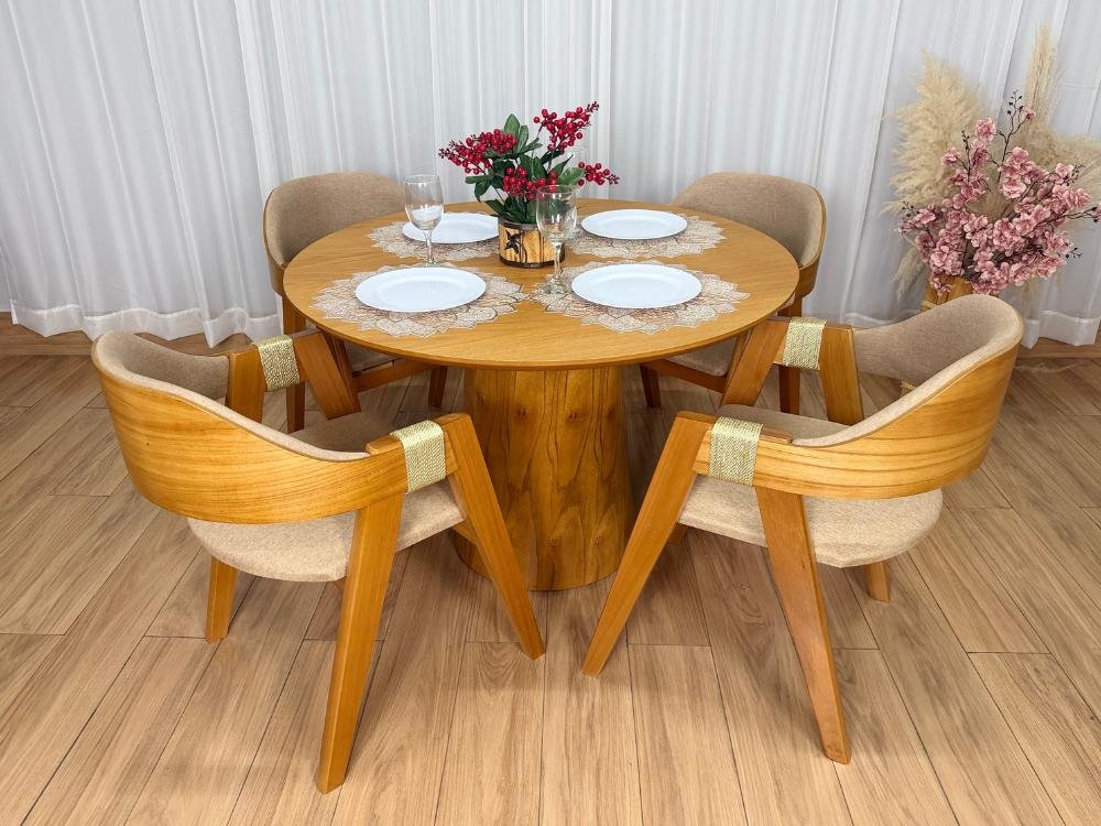 Mesa de Jantar Paris Circular 1.10x1.10 c/4 Cadeiras Ravena - Cinamomo Laminado/Bege Linho - Imagem 2