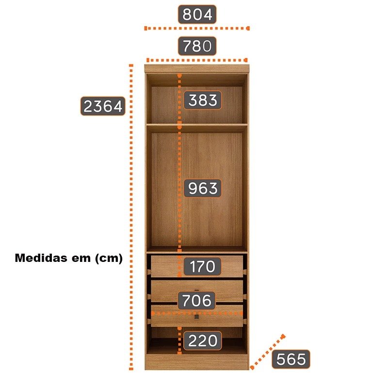 Modulado Rizon 2 Portas 3 Gavetas Internas 0.80m - Cumaru/Fendi - Imagem 3