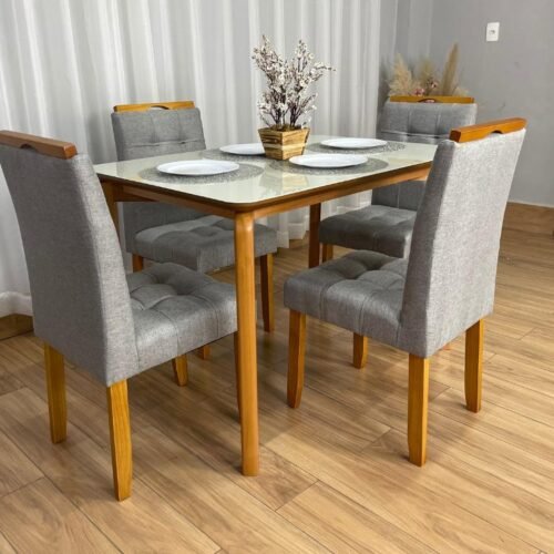 Mesa de Jantar Veneza 1.20x0.80 c/4 Cadeiras Londres - Cinamomo/Off White/ Cinza Linho