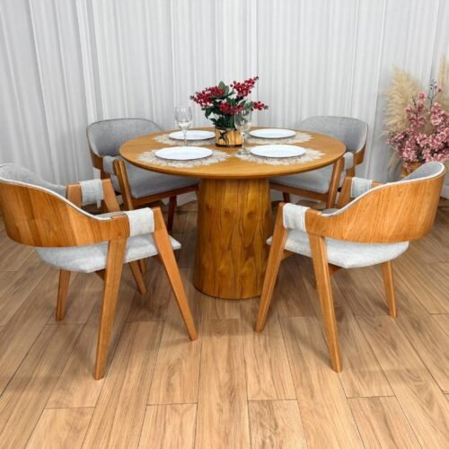 Alternative view of Mesa de Jantar Paris Circular 1.10x1.10 c/4 Cadeiras Pérola - Cinamomo Laminado/Cinza Linho