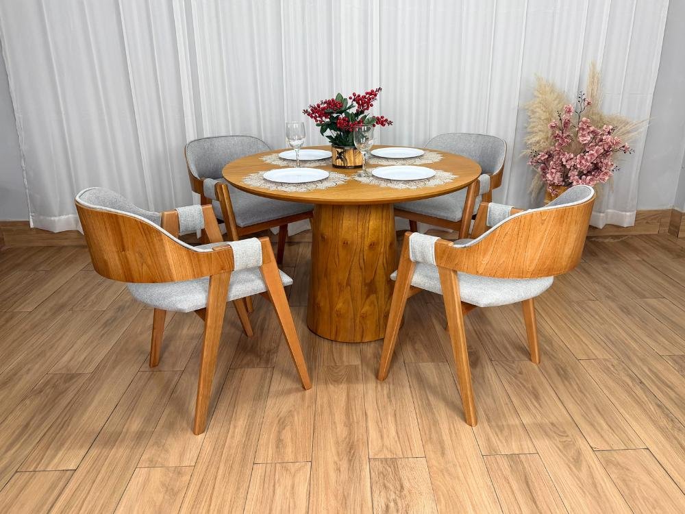 Mesa de Jantar Paris Circular 1.10x1.10 c/4 Cadeiras Pérola - Cinamomo Laminado/Cinza Linho - Imagem 2