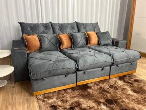 Sofá Retrátil Reclinável Pleno 3 Módulos 3.20m - Cinza Veludo