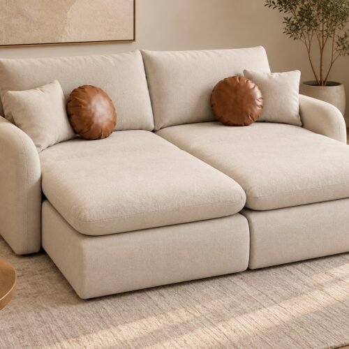 Sofá Cama Retrátil Reclinável Laviê 2,10m - Bege Linho/Marrom Courino