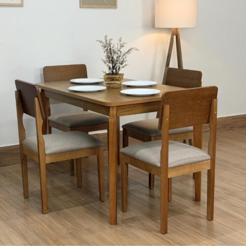 Mesa de Jantar Alegra 1.20x0.80 Com 4 Cadeiras de Madeira Ana – Cinamomo/Bege Linho