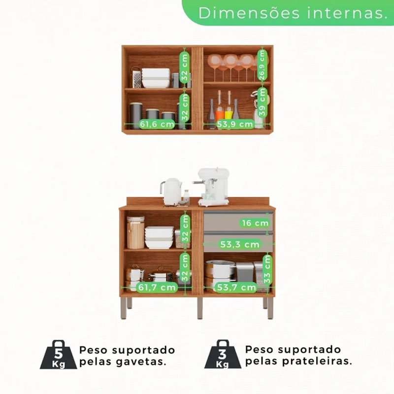 Cozinha 4 Peças Pérola Cinamomo/Off: 2 Balcões 1,20m + 2 Aéreos 1,20m - Sallêto - Imagem 3