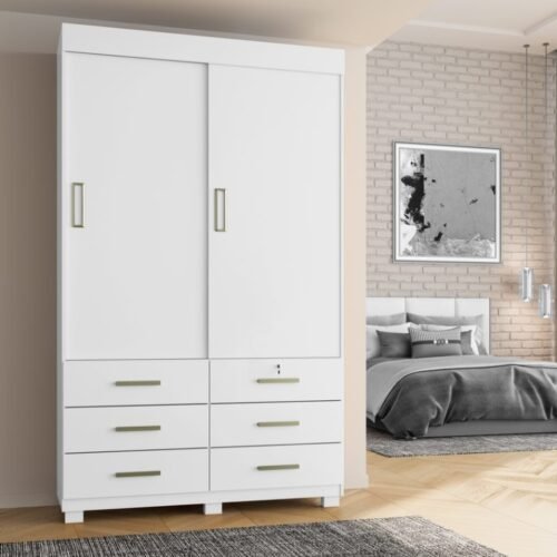 Guarda-Roupa Buzios 2 portas de correr Sem espelho 6 gavetas - Branco
