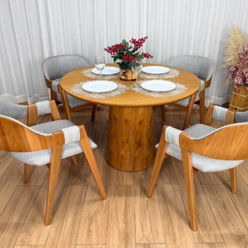 Mesa de Jantar Paris Circular 1.10x1.10 c/4 Cadeiras Pérola - Cinamomo Laminado/Cinza Linho