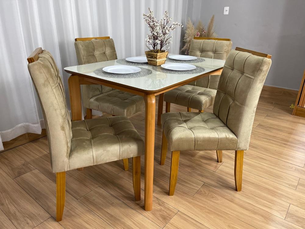Mesa de Jantar Veneza 1.20x0.80 c/4 Cadeiras Londres - Cinamomo/Off White/Avelã Veludo