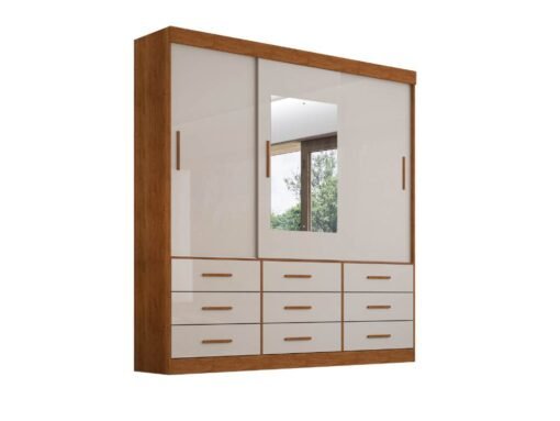 Guarda-Roupa New Star 3 Portas e 9 Gavetas Com Espelho e Pés - Cinamomo/Off White - Imagem 2
