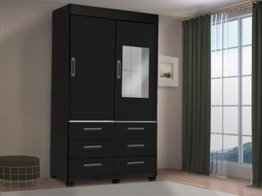 Guarda-Roupa Buzios 2 portas de correr com espelho 6 gavetas - Preto