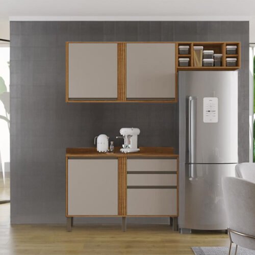Cozinha 3 Peças Pérola Cinamomo/Off: Balcão 1,20m + Aéreo 1,20m + Armário de Geladeira 0,70m - Sallêto