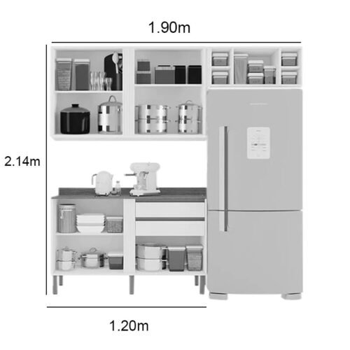 Alternative view of Cozinha 3 Peças Pérola Cinamomo/Off: Balcão 1,20m + Aéreo 1,20m + Armário de Geladeira 0,70m - Sallêto