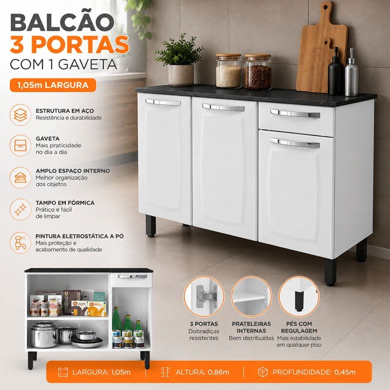 Balcão de Cozinha em Aço 1,05m Rose Branco - Itatiaia - Imagem 4