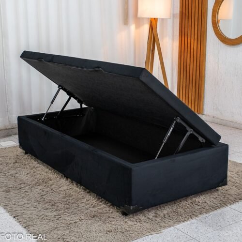Base Box Baú Solteiro Confort Sued Preto Blindado 88x188x45 - Issacar