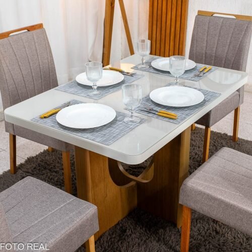 Alternative view of Mesa de Jantar Dora 120x80 Vidro Off Base MDF Cinamomo - Valdemóveis + 4 Cadeiras Gabi Linho Marrom Estrutura Madeira Bom Lar - Entregue Montada