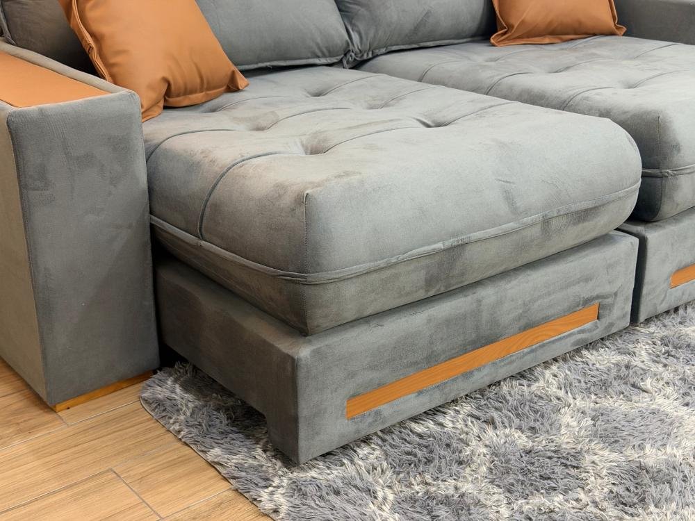 Sofá Retrátil e Reclinável Apollo Molas Ensacadas 2.50m - Cinza Veludo /Courino Marrom - Imagem 8